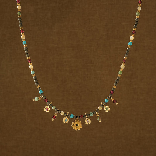 Vintage Resort Style Gemstone Floral Choker |  Plated Beaded Layering Necklace