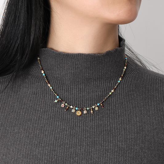Vintage Resort Style Gemstone Floral Choker |  Plated Beaded Layering Necklace